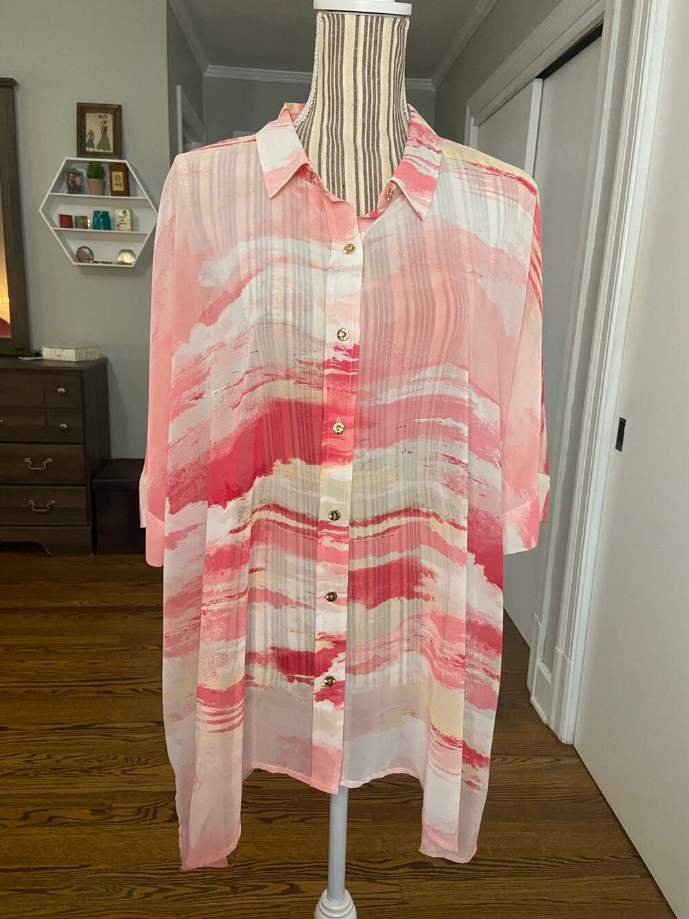 JM Collection sheet chiffon watercolor print short sleeve topper blouse